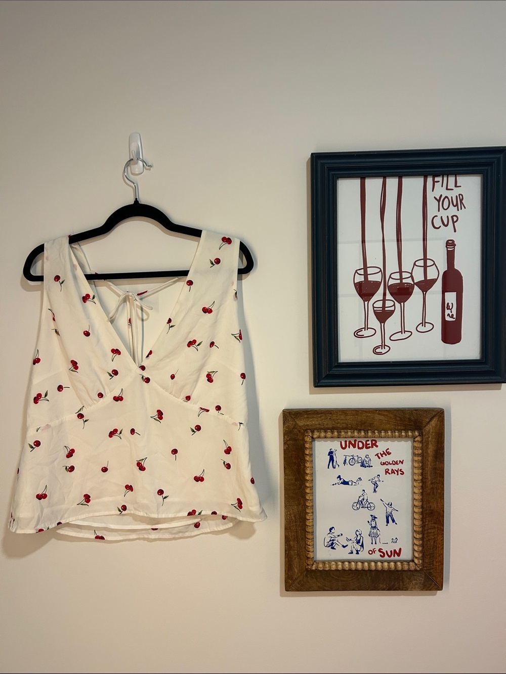 Abercrombie & Fitch White Cherry Print V-Neck Tie-Back Top
